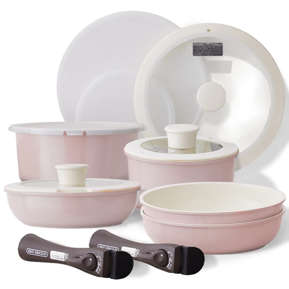 アイリスオーヤマ セラミックカラーパン 取っ手の取れるフライパン 13点セット グレイッシュピンクの商品画像