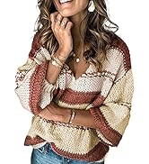 BYSCHAGRL Womens Casual Striped Color Block Pullover Sweater V Neck Long Sleeve Knit Tops