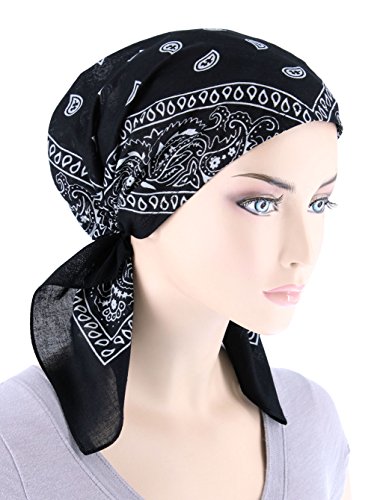 Paisley Bandana Scarf Pre Tied Cotton Chemo Hat Turban for Cancer Black