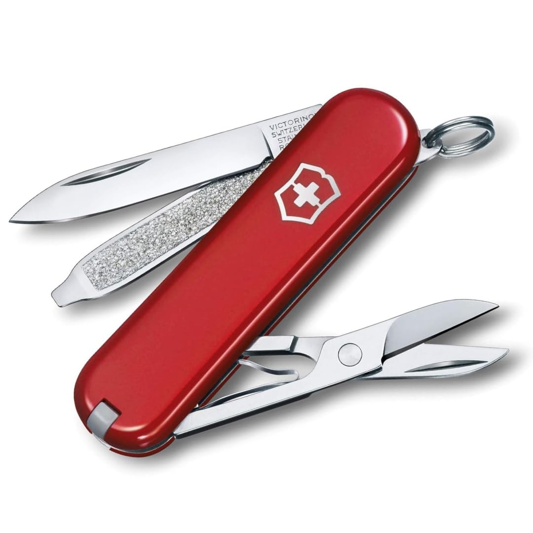 Victorinox Classic SD Mini Swiss Army Knife, Camping Pocket Knives, 7 Functions, Blade, Keyring, Red
