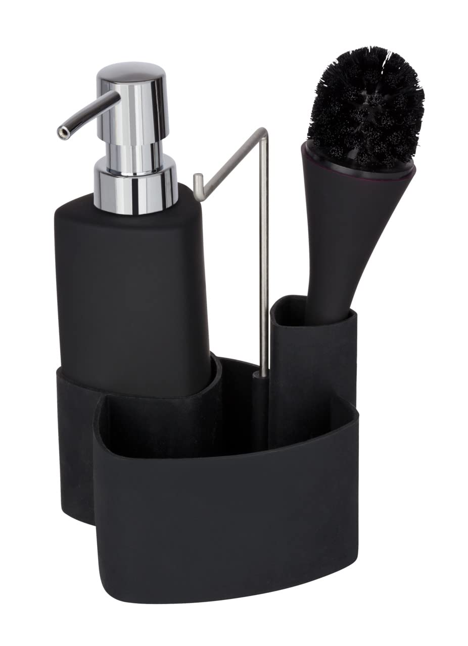 WENKO 3620127100 Wash up set Empire black - washing-up liquid dispenser, washing-up brush, dish cloth holder Capacity: 0.25 l, Soft-Touch ceramic, 11 x 19 x 12.5 cm, Black