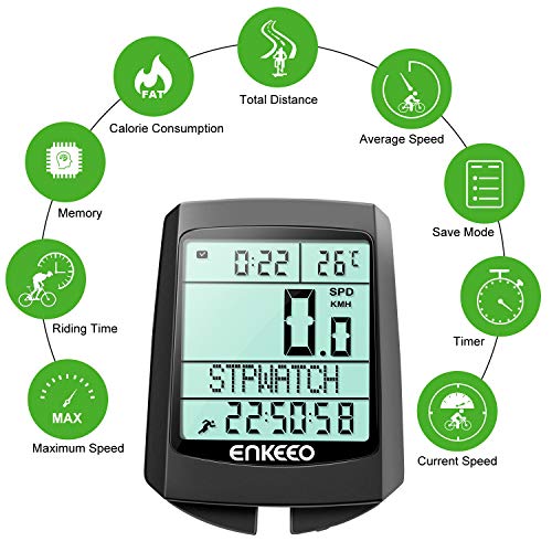 ENKEEO Bike Computer Wireless Bicycle Speedometer Waterproof Odometer with LCD Backlight, 5 Language Displays, Auto Power On/Off Systems, Current/AVG/MAX Speed Tracking, Multi Function for Cycling