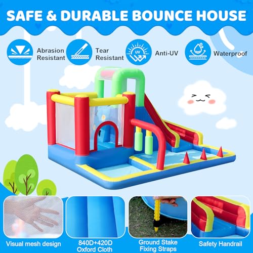 PZGEQ Bounce House, Inflatable Bouncing House for Kids, 8-in-1 Bouncy Castle with Blower, Kids Jumper Bouncy House with Slide for Indoor Outdoor Backyard