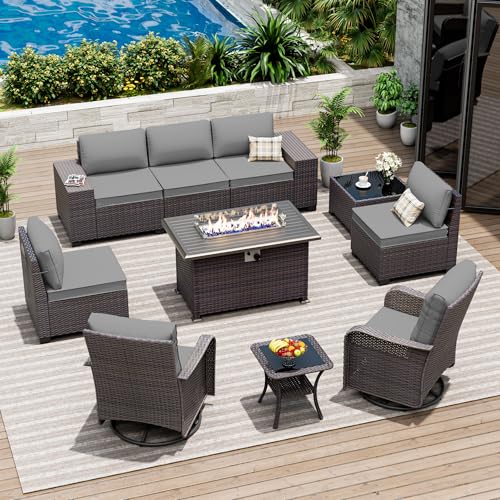 10 Pieces Patio Furniture Set with 2 Swivel Chairs Patio Furniture Outdoor Sectional Sofas with 55000 Gas Fire Pit Patio Conversation Set w/7 Cushions-Gary