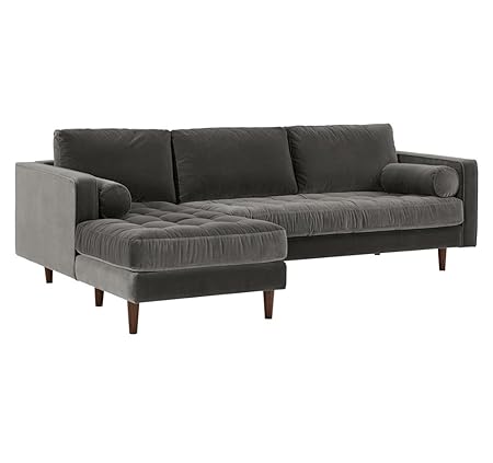 Afydecor Faux Velvet Three Seater L shaped Sectional Sofa 2 Piece Dark Grey