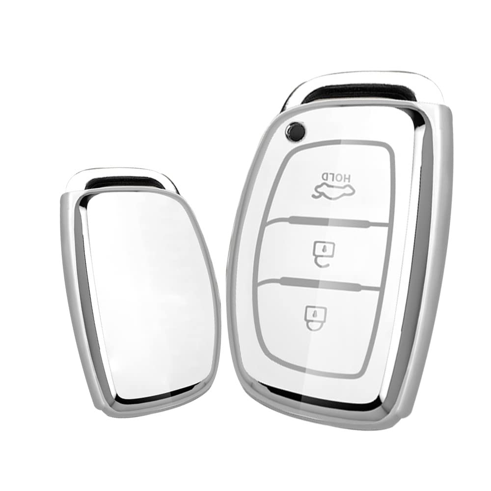 KUNIO Key Fob Cover for Hyundai Kona i10 i30 i20 Ioniq Hybrid Tucson Santa Fe ix35 Mistra - 3 Buttons TPU Car Key Protection - White