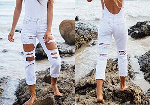 Happyear Women Hole Jeans High Waist Ripped Denim Skinny (S, White)