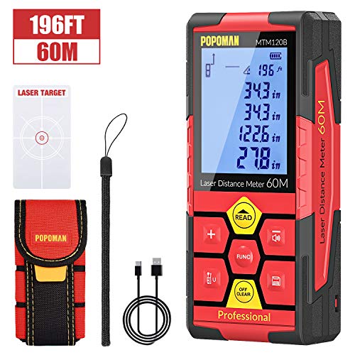 Laser Measure 196ft POPOMAN, Lithium battery with USB charging, 99 Sets Data Storage, M/In/Ft with Electronic Angle Sensor, 2.25' LCD Backlit, Mute Function, Measure Distance, Area and Volume- MTM120B