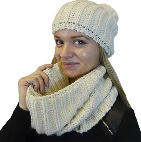 Hat and Infinity Scarf 2-Piece Knit Set, Cable Knit Lurex Intertwined, Beige