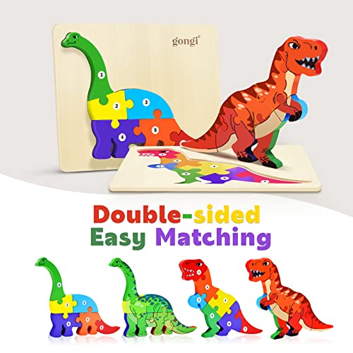 Wooden Puzzles for 2 Year Olds, Two Sided Dinosaur Puzzle for 3 Year