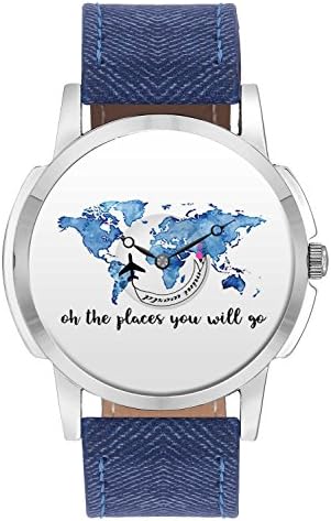Travel Watch - BigOwl Oh The Places You Will Travel Design World Map Design Leather Strap Casual Wrist Watch for Men - Perfect Gift for Travellers - Watch with Moving Airplane Seconds Hands