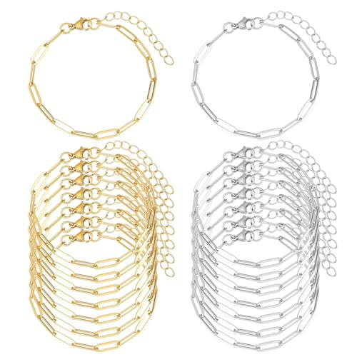 16 Pack Charm Bracelet Chain Bulk Gold Plated Stainless Steel Paperclip Chains Bracelets for DIY Jewelry Making