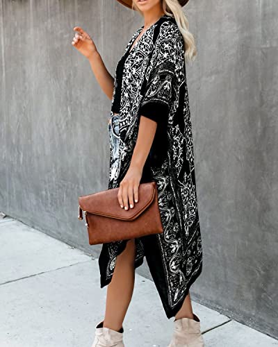 Ekojoy Women\'s Kimono Cardigan Loose Cover Up Swimwear Casual Blouse Tops(Black)