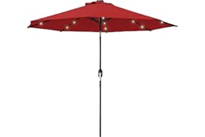 Outsunny 9ft Solar Patio Umbrella Outdoor Sunshade 24 LED Lights Tilt Canopy, Wine Red