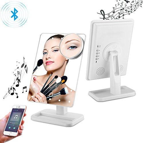 Bluetooth Vanity Mirror- USB Chargeable with LED lights by Addprime, Wireless Audio Speakers, 180° Rotation, Removable 10x Magnifier, Build-in Led Light Makeup Mirror (White)