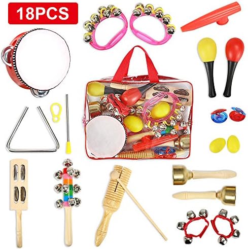 CrzKo Toddler Musical Instruments, 18 in 1 Kids Toy Mini Band Wooden Percussion, Pre-School Educational Play Set, Percussion Set for Boys and Girls Birthday Gifts with Zippered Carrying Bag
