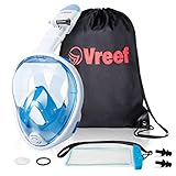Vreef Full Face Snorkel Mask New Model with 180° Panoramic Viewing, Non-Toxic Silicone Materials, Easy-breath Longer Tube, Improved Anti -Fog & Anti-Leak Technology + FREE BONUSES. By