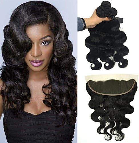 BQ HAIR 8A Body Wave 3 Bundles Hair Weave Extensions with 13x4 Lace Frontal Closure Ear To Ear Brazilian Virgin Human Hair Natural Black Color (12"14"16" with frontal 10")