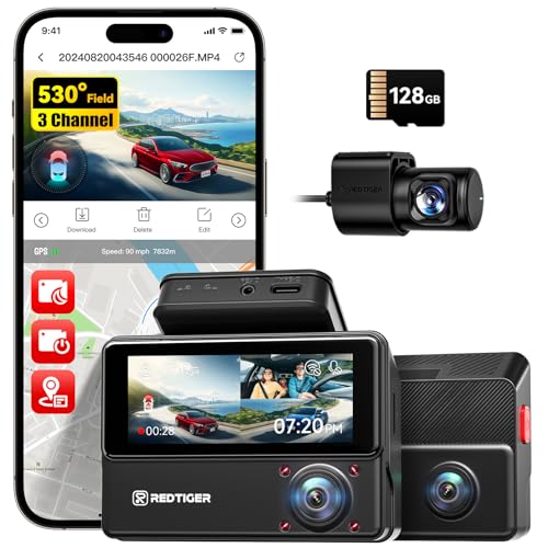 REDTIGER 530° 3-Channel Car Dashcam, 2.5K+2.5K+1080P Car Camera with 128GB Card, IR Night Vision, Touch Screen, Front Dashcam, Includes WiFi GPS, 24H Parking Mode