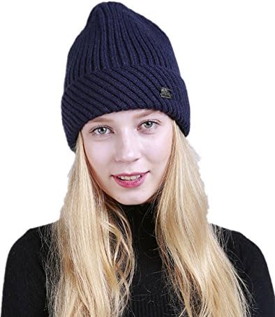 Bagoge Womens Knitted Hats, 2017 New Autumn And Winter Solid Color Stripes Fashion Warm Knitted Round Hats Knitted Wool Curling Head Cap (Navy)