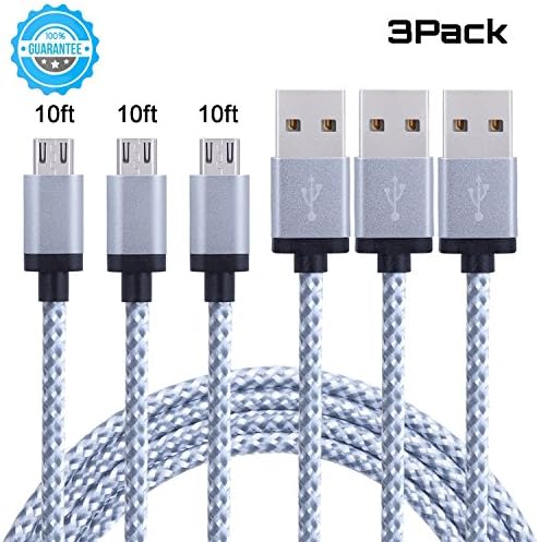 Goodsail 3Pack 10FT White Micro USB Cable, Nylon Braided High Charging Speed USB 2.0 A Male to Micro USB Cord For Samsung, HTC, Motorola, Blackberry, Tablets and Other Android Smartphones
