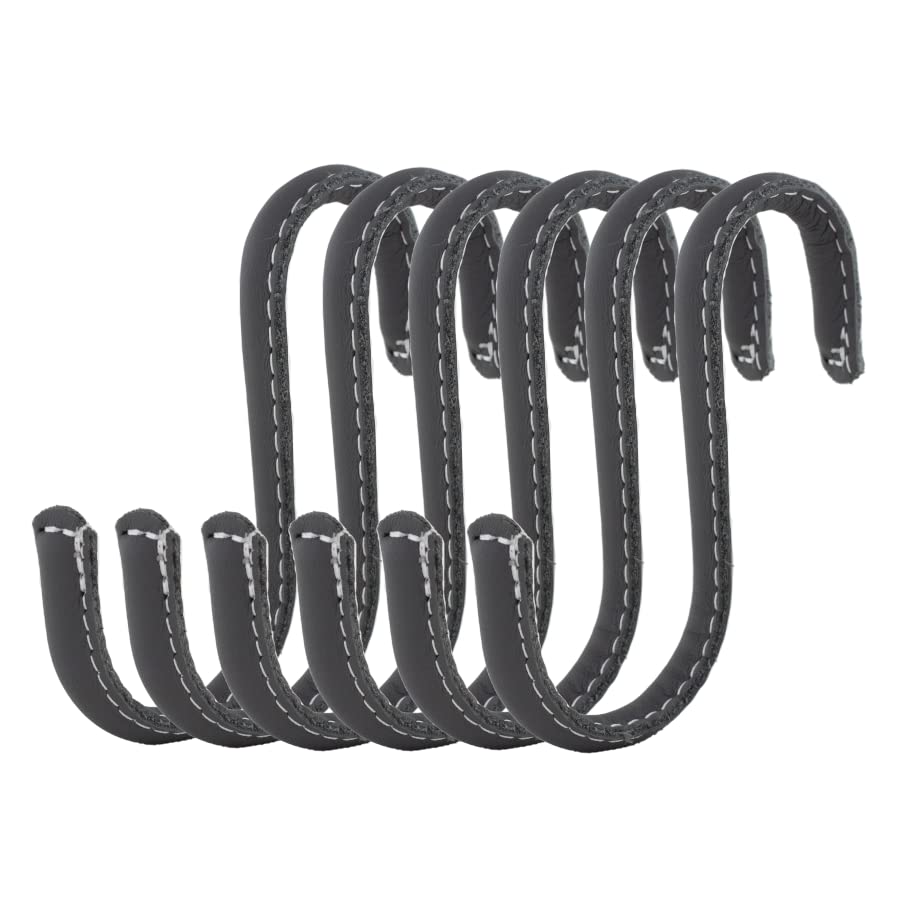 Brute Strength - S Shaped Hooks Wrapped in Full Grain Leather - 6 pcs - Grey - 10 cm Stainless Steel Metal Hangers Hanging Hooks for Kitchen, Work Shop, Bathroom