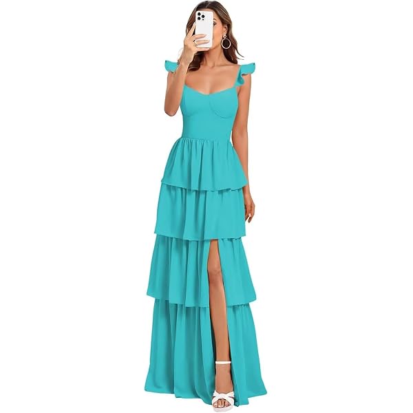 Amazon.com: Lawrncedw Spaghetti Straps Chiffon Bridesmaid Dresses A-line  Multi-Tiered Formal Evening Gown Ruffle High Slit Prom Dresses : Clothing,  Shoes & Jewelry