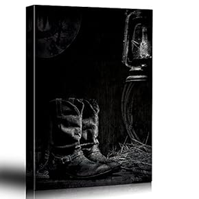 Black and White Vintage Styled Portrait of Cowboy Boots and a Lantern - Canvas Art Home Art - 12x18 inches