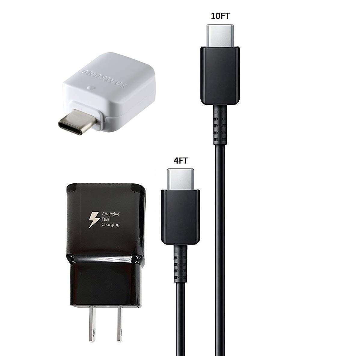 Official OEM Samsung Adaptive Fast Charging Charger Black - with 4FT C Type &amp; 10FT C Type USB Cable + OTG C USB Adapter for Galaxy S8,S9,+,Note8,Note9 (US Combo Kit)