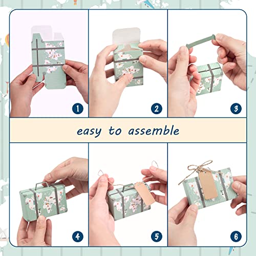 JOHOUSE Mini Suitcase Favor Box, 50PCS World Map Candy Boxes Wedding Candy Box with Tag and Burlap Twine for Wedding Party Bridal Shower