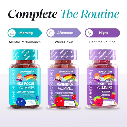Kids Focus Gummies – Nootropic High Strength Brain Supplement for Children – 9 Focus, Energy, Positive Mood Vitamins– Lions Mane, Ginseng, B12, Iodine – Vegan - by Novomins