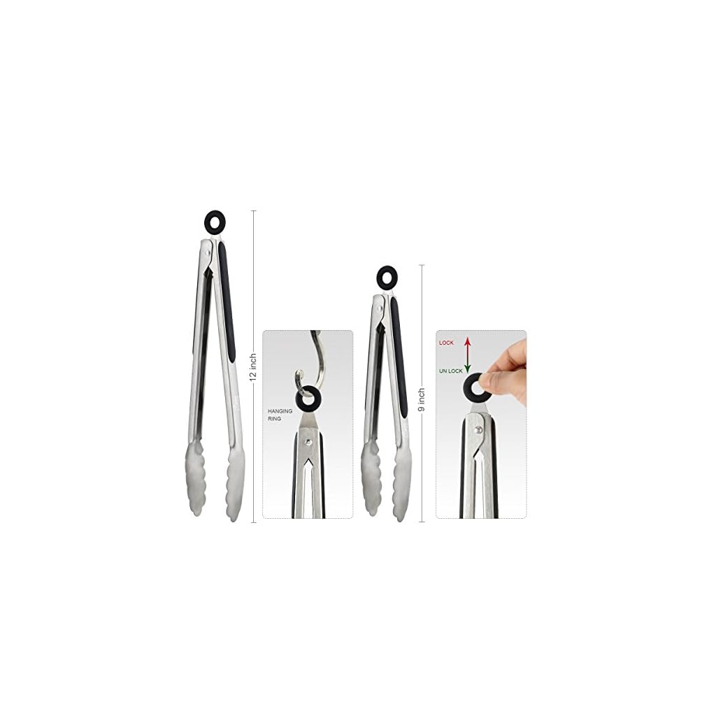 Hotec Stainless Steel Kitchen Tongs Set of 2 9" and 12", Locking