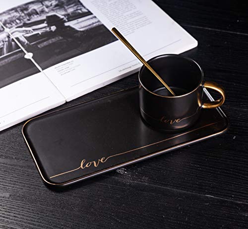TJ Gobal Porcelain Coffee Mug, Tea Cup with Saucer and Golden Spoon with Gold Scripted Love and Trim for Espresso, Hot Chocolate, Cappuccino, and Latte, 8 Oz. (Black) - Thumbnail 2