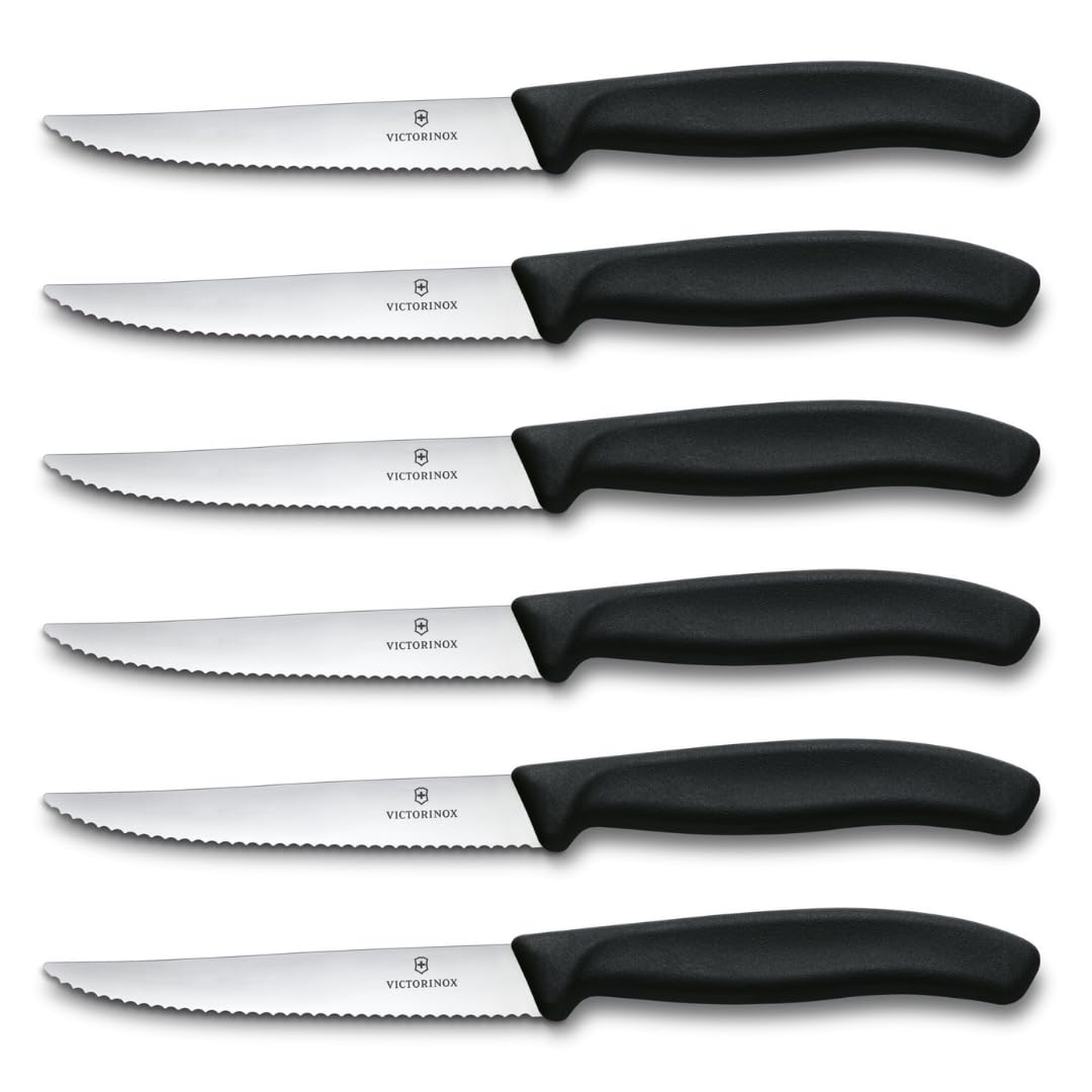 Victorinox Swiss Classic Professional Steak Knife Set, 6 Piece, Ultra Sharp Blade, Serrated Edge, 11 cm, Sturdy Plastic Handle, Stainless Steel, Black