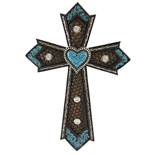 Pine Ridge Religious Christian Wall Cross Embossed Leather Turquoise Heart Western Celtic Style - Colorful Resin Wall Decor Confirmation Favors - Easter Crucifix Home Centerpiece