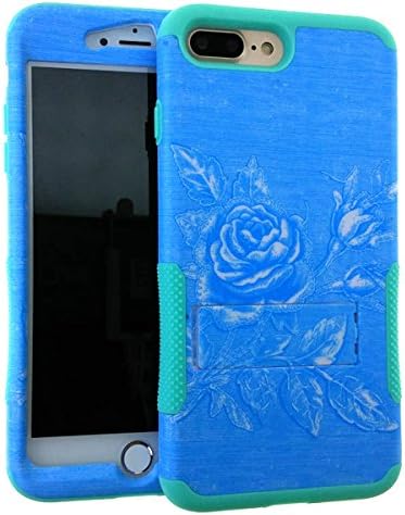 Iphone 7 Plus Case, Impact Rugged Hard Cover, Silicone Rubber Soft Skin with Kickstand (Teal Blue Flower)
