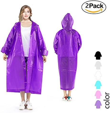 iGoods 2 Pack Resuable Adults Rain Poncho, Emergency Hooded Rain Coat Suit with Sleeves and Drawstring Hoods, Lightweight Waterproof for Camping Hiking Traveling Disney Fishing Sprot Event (Purple)