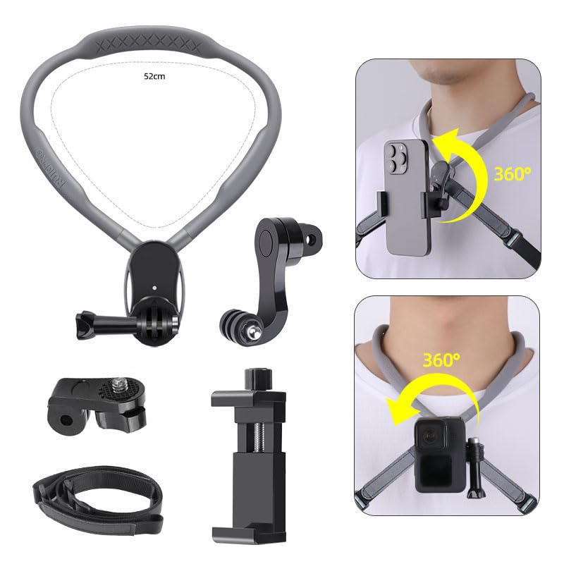 Lupholue POV Neck Mount with Chest Strap Extendable Arm Smartphone Holder Compatible with GoPro Hero 13 12 11 10 9 8 7 Session DJI AKASO Xiaomi Yi SJCAM Action Camera