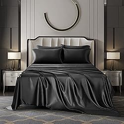 AiMay 6 Piece Satin Bedding Sheet Set King Black