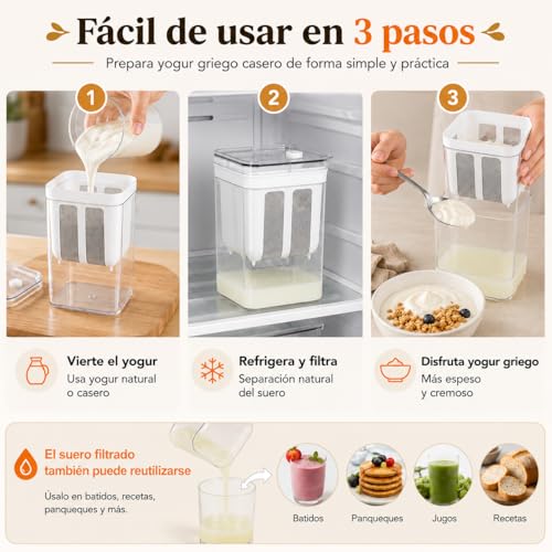 Colador para Yogur Griego 1100ML con Tapa, Filtro Reutilizable para Yogurt, Kefir y Queso, Colador Multiusos para Leche Vegetal, Café y Té, con Telas Filtrantes y Cepillo