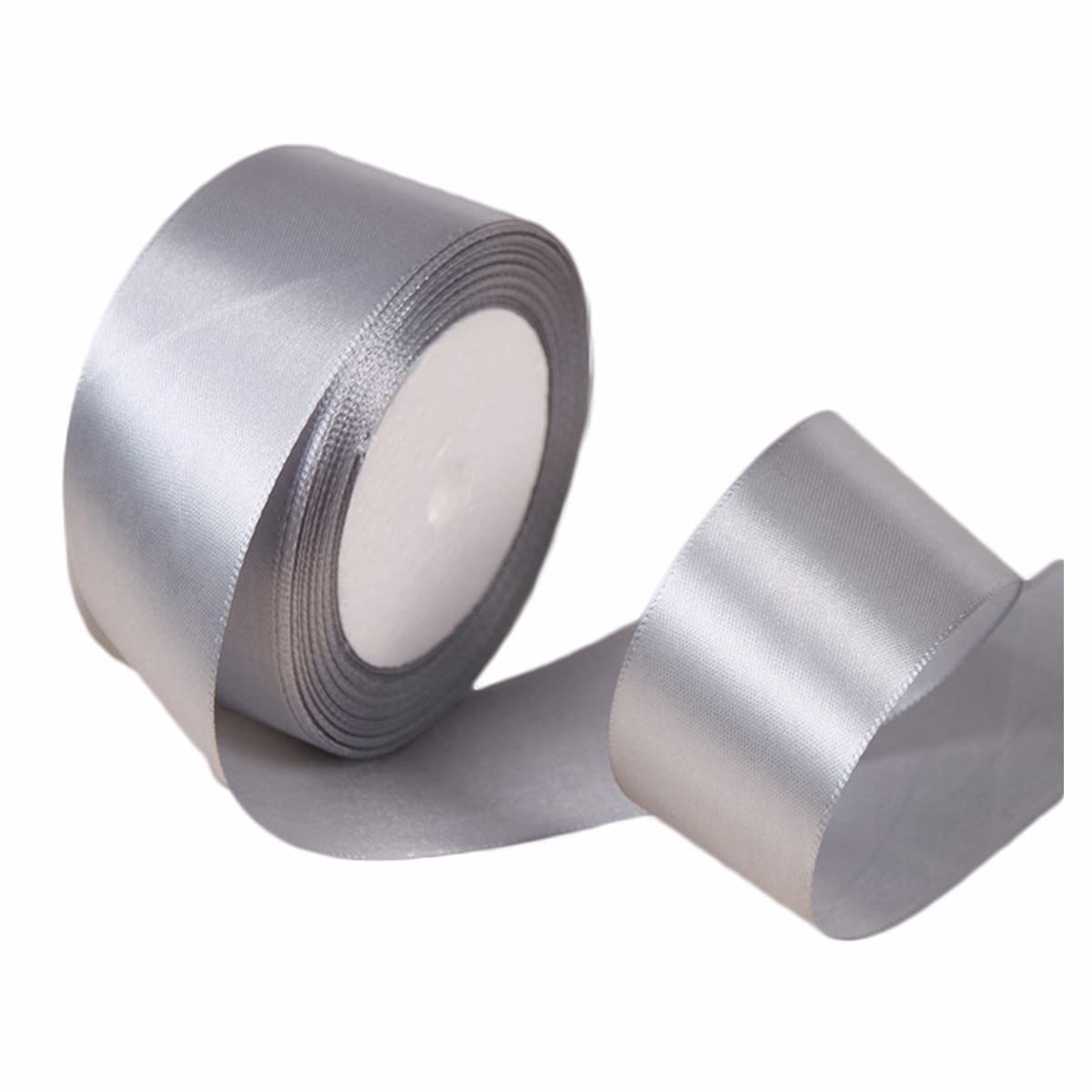 Silver Ribbon 40mm, 23 Meters Grey Satin Fabric Present Ribbon for Crafting, Gift Wrapping, Balloons, Floral Bouquet, Cake Decoration, Hair Bows, Sewing, Baby Shower and Wedding Party — image 1