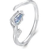 Kokoma Dainty Tulip Sterling Silver Ring for Women Blue Crystal CZ Flower Open Statement Ring Wrap Finger Band Engagement Promise Rings Eternity Rings