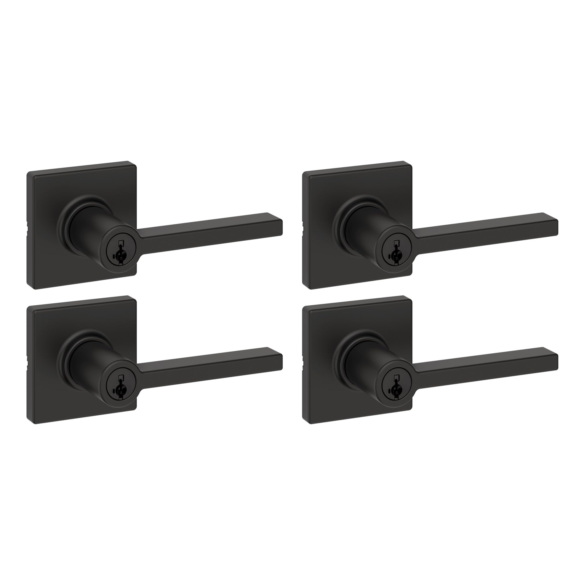 Kwikset Casey Entry Door Handle with Lock and Key, Secure Keyed Reversible Lever Exterior, for Front Entrance and Bedrooms, Matte Black, 4 Pack, Pick Resistant SmartKey Rekey Security and Microban Image