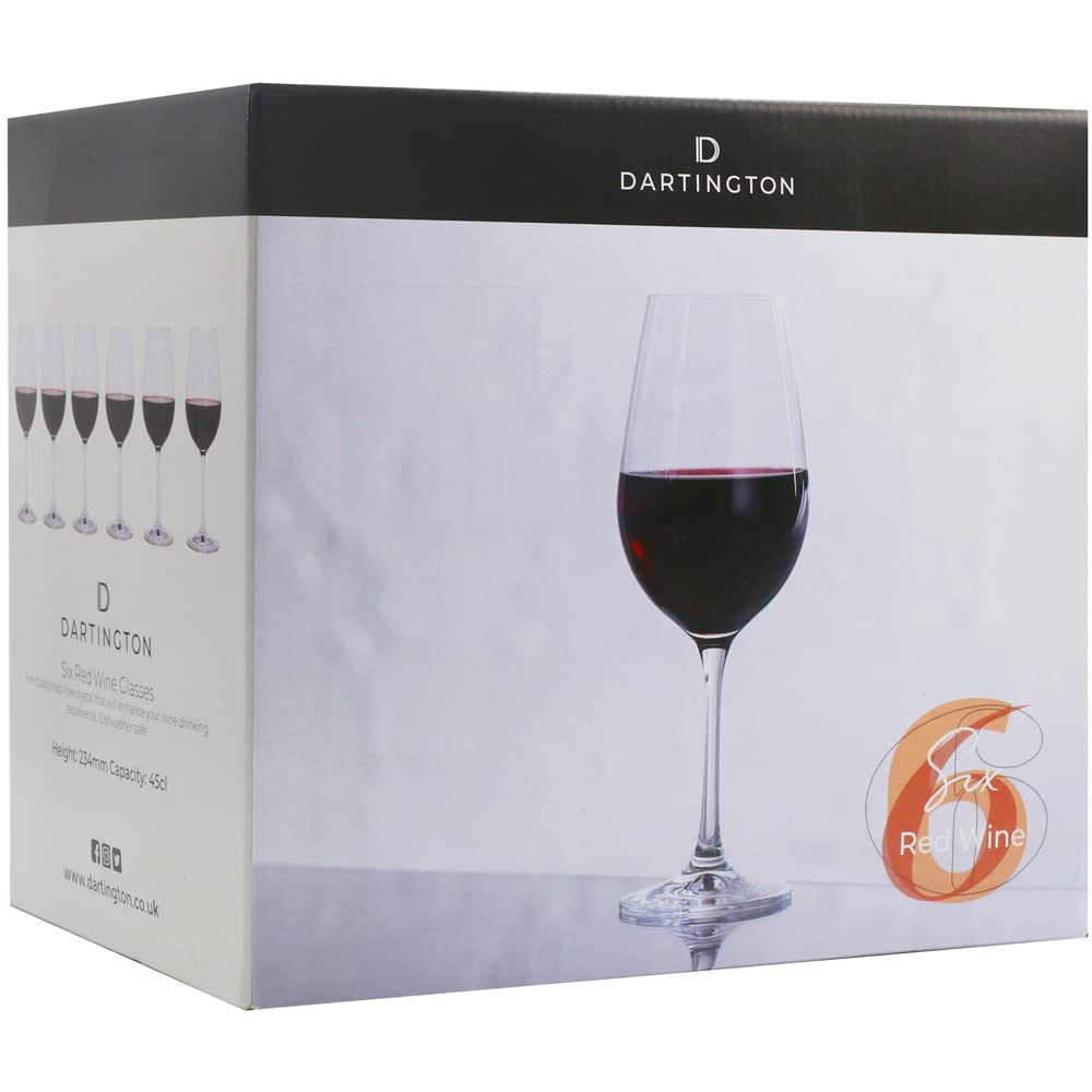 Dartington Crystal Six! Red Wine Glasses, Set of 6 | Elegant and Functional Glasses | 235mm | 450ml | Dishwasher Safe | Classy and Elegant Glassware
