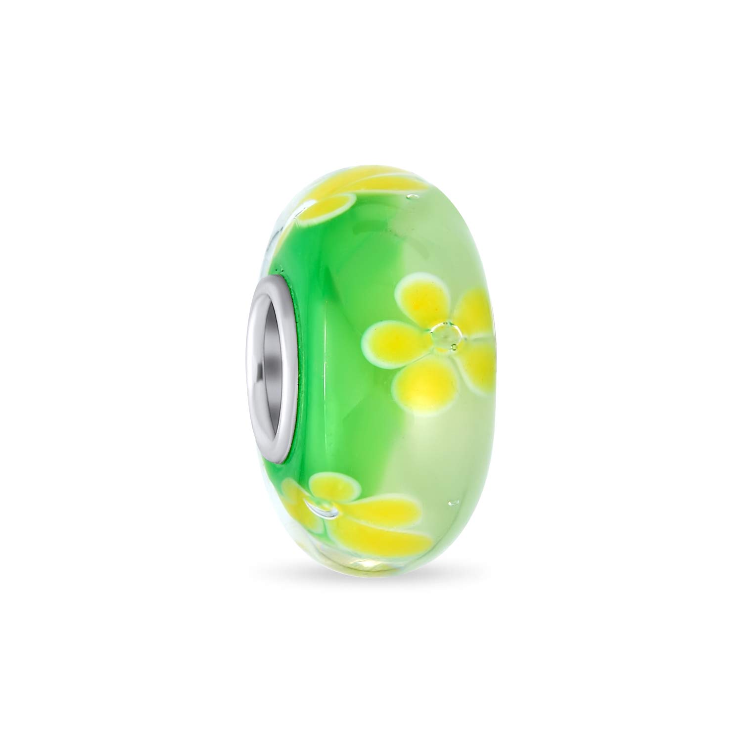 Bling Jewelry Murano Glass .925 Sterling Silver Core Floral Yellow Green Hibiscus Flower Spacer Charm Bead Fits European Bracelet For Women Teen