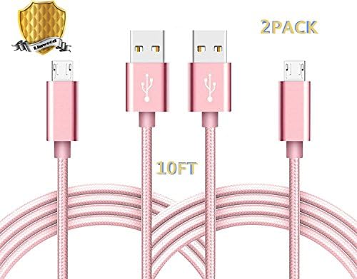 Micro USB Cable, Linwood Nylon Braided Android Charger Cord USB 2.0 Sync Charging Cables Pink Compatible with Samsung Galaxy S7 S6, Note 5/4/3, LG, Nexus, HTC, Xb Bluetooth Headset(10FT 2PACK)