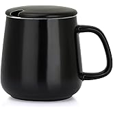 VOBAGA 15oz Ceramic Coffee Mug with Lid and Flat-Bottom, Morning Coffee Mug for Daily Use Warming Coffee & Tea (Black)