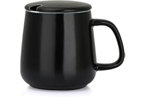 VOBAGA 15oz Ceramic Coffee Mug with Lid and Flat-Bottom, Morning Coffee Mug for Daily Use Warming Coffee & Tea (Black)