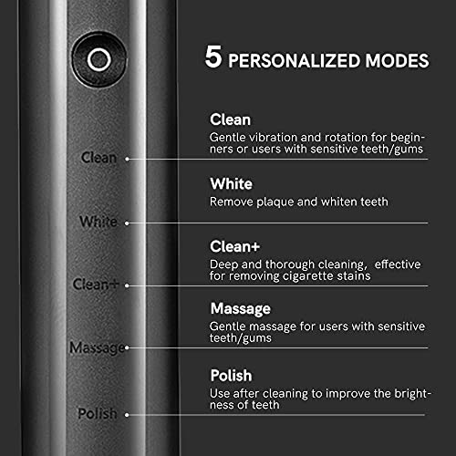 Electric Toothbrush, Sonic Rotation for Adults with 4 Brush Heads with Dupont Bristles, 1 Travel Case, 1 Dental Floss, 2 Minute Timer, Wireless Rechargeable Battery 1000mAh Lasts for 30 Days, Gray U1B