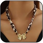 Lyfange Scarf Necklace with Charm Gold Chunky Heart Starfish Pendant Necklace Boho Satin Fabric Leopard Choker Necklaces Bohemian Summer Beach Holiday Jewelry